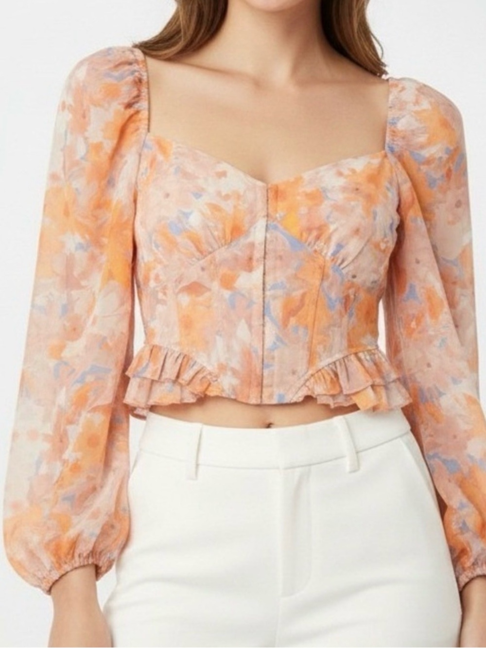 ASTR‎ the Label Floral Corset Style Puff Sleeve Peplum Top Orange Pastel XS